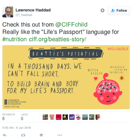 A tweet from Lawrence Haddad, Senior Research Fellow at IFPRI and a champion of efforts to end malnutrition.