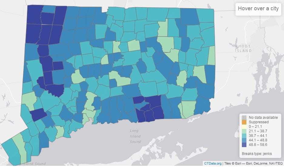 Map of Median Age in Connecticut